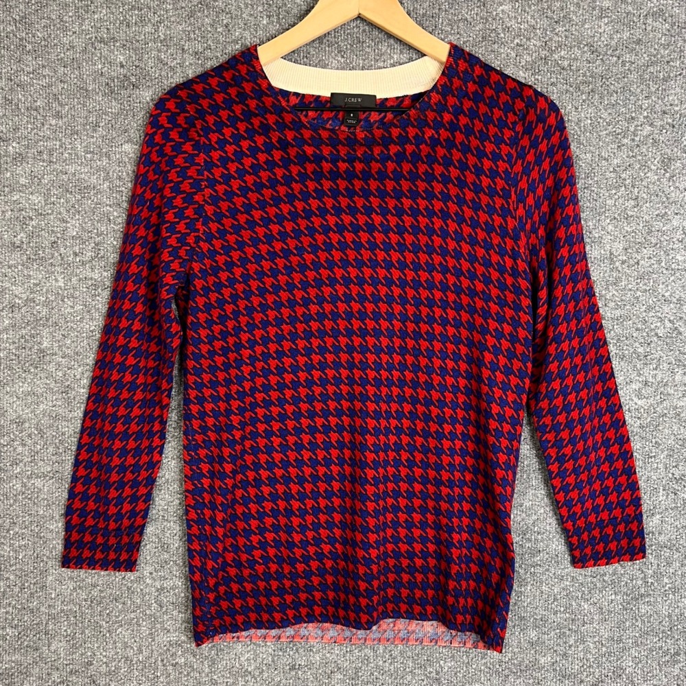 J.Crew WOOL Sweater S Red Blue Excellent Houndstooth Merino Wool 3/4 Sleeve
